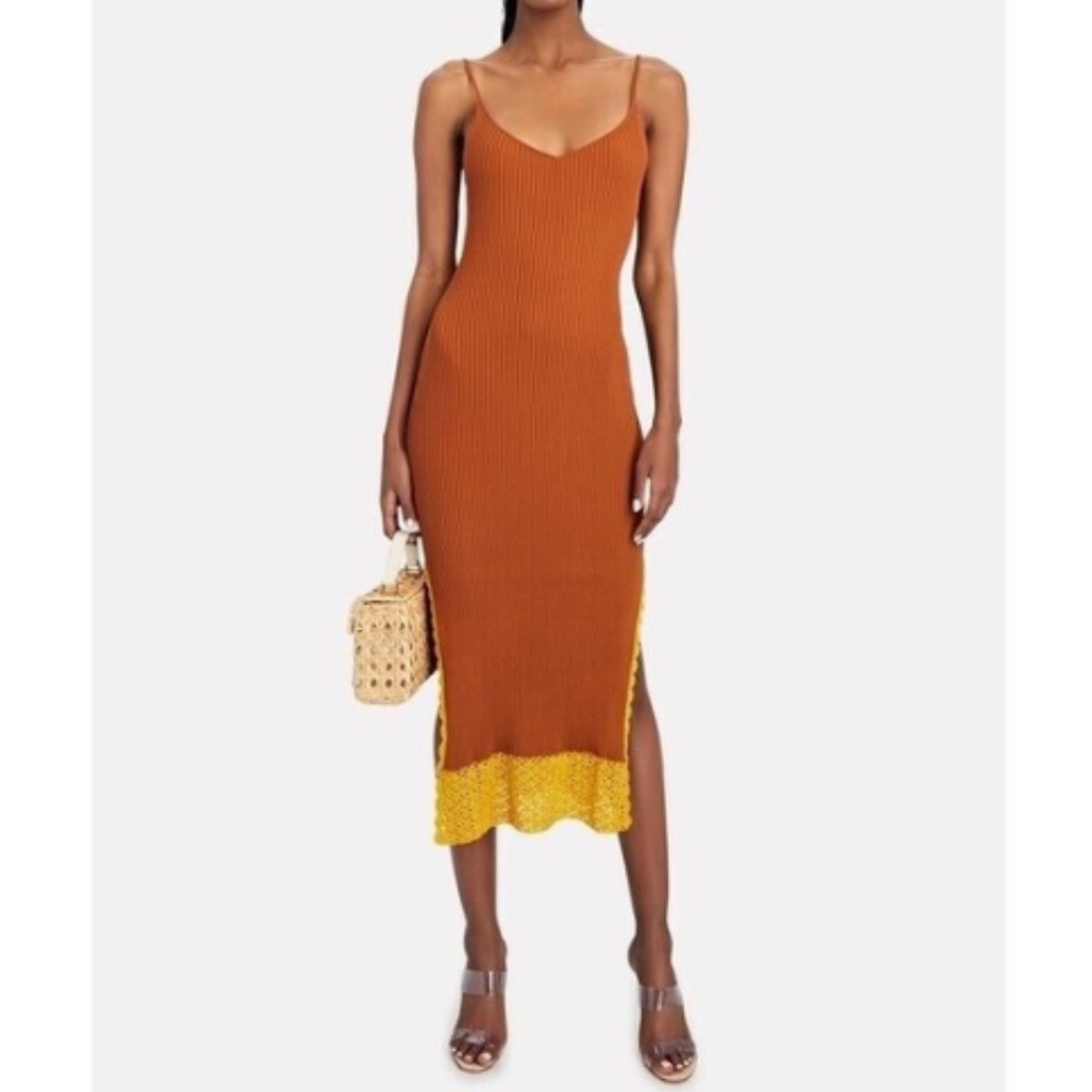 Staud Pleasanton Crochet-trimmed Ribbed Cotton Midi Dress Small
